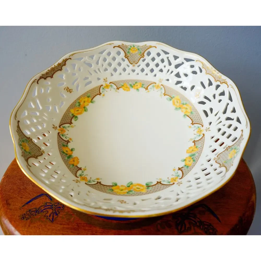 Vintage Oscar De La Renta Jonquil Floral Reticulated Serving Bowl West Germany